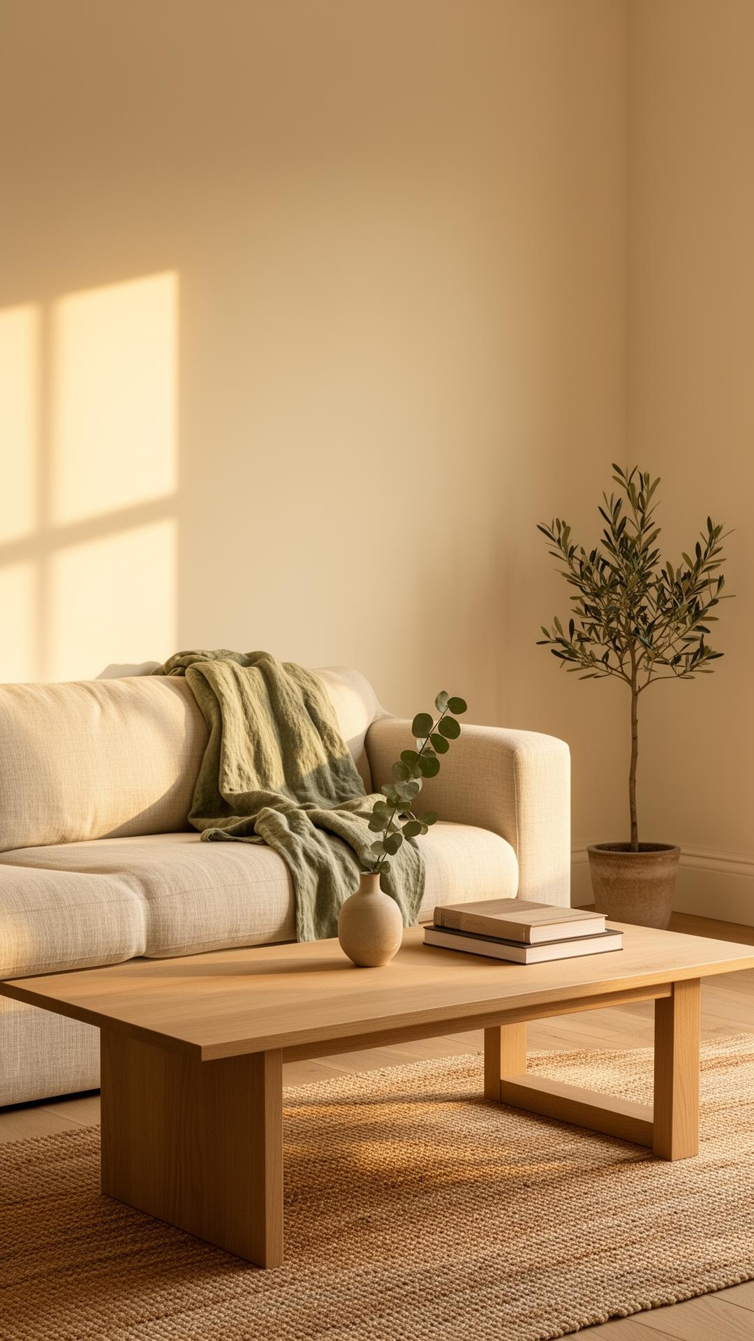 A sunlit, freshly restored living room — soft linen sofa, eucalyptus on a wood table, warm ivory walls